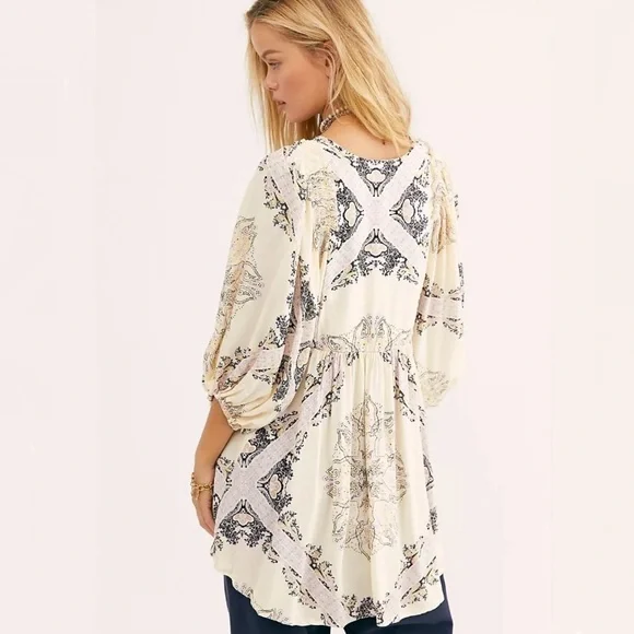 Free People Girl Talk Babydoll Tunic Ivory Boho Flowy Top Size S - Picture 3 of 15